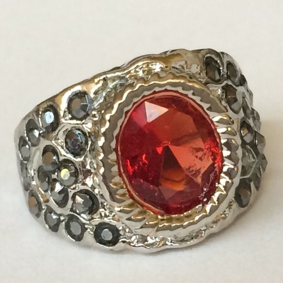 Vintage Silver Art Deco Boho Ruby Cocktail Ring Size 7 8 Plated Red Stone - Picture 2 of 10